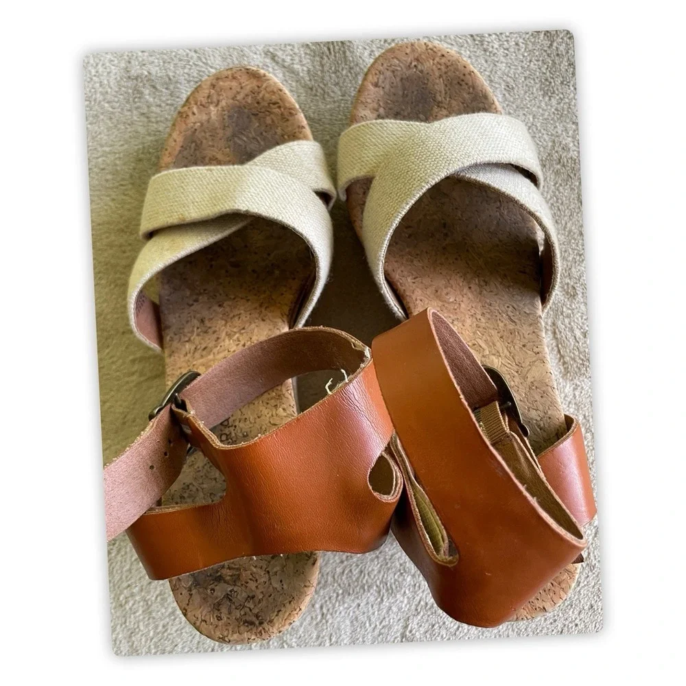 Lucky Brand Marla Cork Wedge Sandals Beige Tan Shoes Elastic Back Size 9.5Medium